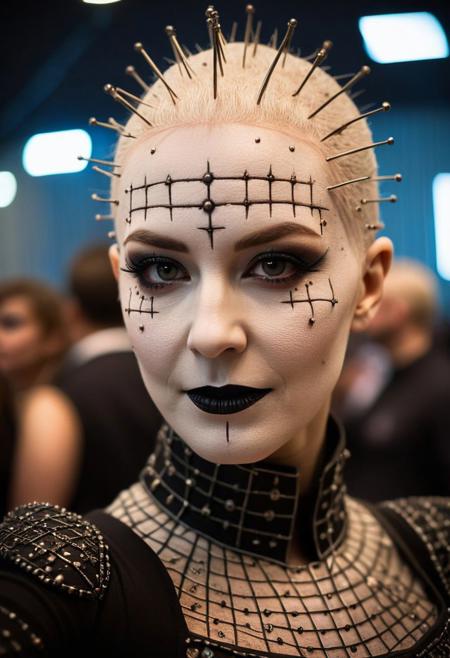 a woman in Pinhead cosplay, from the movie Hellraiser, at the cosplay convention, selfie, depth map, dark palette, highly professional, dramatic lighting, extremely beautiful, (intricate details, masterpiece, best quality:1.4), Cinematic film still, shallow depth of field, highly detailed, high budget, bokeh, cinemascope, epic, gorgeous, looking at viewer, dynamic pose