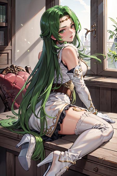 Sitting with back hunched,cheek-to-cheek,cross-eyed,<lora:annandV1-000016:0.7>,annand, circlet,armor, white short dress, zettai ryouiki, thigh boots, breastplate,belt, shoulder armor, white footwear, elbow gloves, jewelry, bracelet, sleeveless, detached sleeves, fur trim, long sleeves, white thighhighs,high heels, gold trim, thighs, sleeveless dress,indoors,(masterpiece, best quality, ultra-detailed, best shadow)