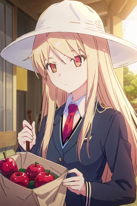 best quality, masterpiece, highres, solo, {shiina_mashiro_sakurasounopetnakanojo:1.15}, blonde_hair, long_hair, red_eyes, brown_eyes, 1girl, food, hat, sun_hat, candy_apple, looking_at_viewer