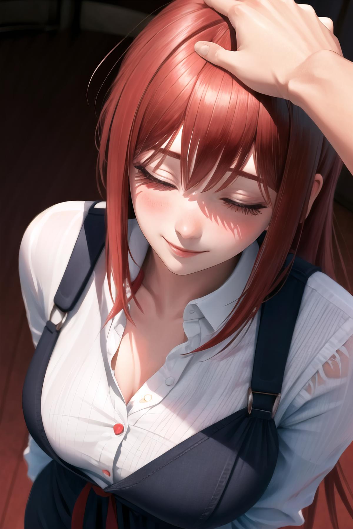 Anime girl with red hair and a white shirt.