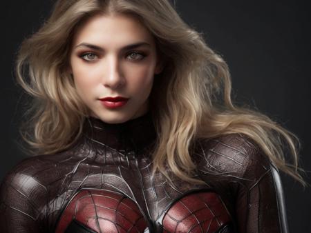 A high-resolution, photorealistic image of a stylish woman Dressed in a Girls Spiderwoman suit suit in a photo session without a mask, letting her face and dark blond hair see, fullbody  The setting mimics a high-fashion beauty photography shoot, with realistic textures, DSLR-quality sharpness, and true-to-life lighting that enhances the salon’s premium feel. Avoid AI artifacts, uncanny features, or overly stylized effects—ensure the image looks like an actual photograph.with a shallow depth of field to emphasize the subject's presence and professionalism. The image should evoke a calm and fresh feeling, with a high-quality, natural look resembling a candid photograph.