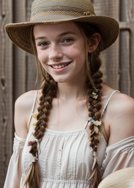 1girl, solo, long hair, looking at viewer, brown hair, hat, upper body, braid, flower, parted lips, twin braids, freckles, realistic, straw hat, smile 