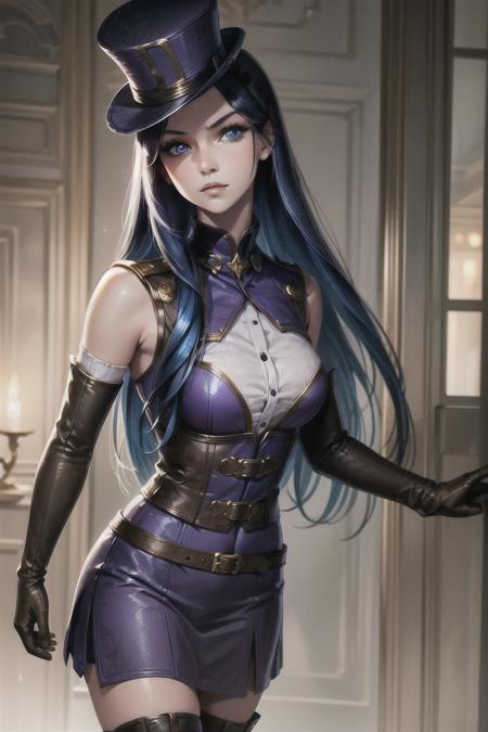 portrait shot of caitlynlol, 1girl, solo, blue eyes, blue hair, long hair, purple top hat, purple dress, brown knee boots, brown gloves, (detailed face), city background, <lora:caitlynlolv2:0.6>,  <lora:more_details:0.5>