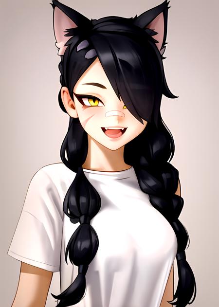 1girl, solo, long hair, looking at viewer, black hair, bandaid on face, yellow eyes, animal ears, smile, bandaid on nose, braid, cat ears, bandaid, bangs, breasts, fake animal ears, simple background, open mouth, fang, , bare shoulders, scar, teeth, shirt, bare shoulders, white shirt, short sleeves, closed mouth, t-shirt, hair over one eye, portrait, bag, hair over shoulder, shorts,<lora:kairunoborugu_v1:0.9> <lora:Kairunoburogu:0.2>  <lora:Erisafortnite-09:0.5>