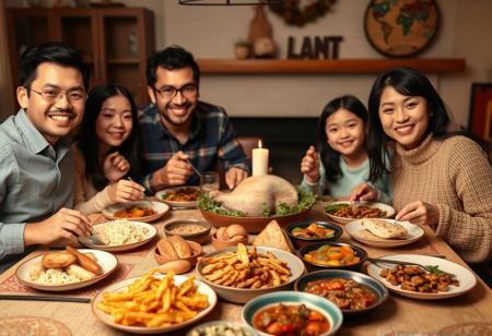 An Asian American family sitting down for Thanksgiving dinner with Turkey and Asian side dishes.