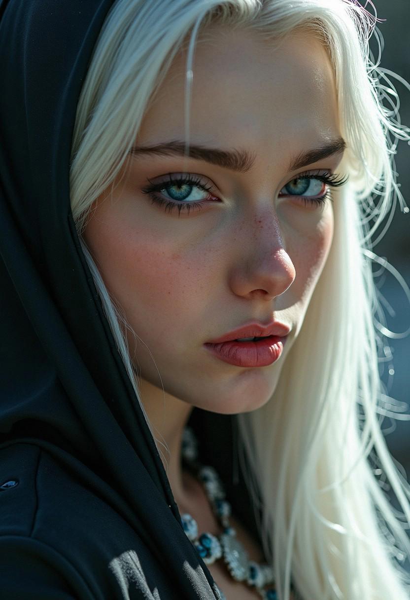 A stunning, hyper-realistic close-up captures the face of a beautiful elven swordswoman, poised for battle. Her intense, beautiful pale blue eyes reflect a fierce resolve, shining with both quiet strength and an underlying vulnerability. The sharp, delicate features of her face are framed by long, sleek white hair, slightly tousled, with strands falling over one eye, adding to her mysterious allure. Her expression is a mesmerizing mix of determination and fragility, capturing the duality of a warrior ready to fight yet imbued with an ethereal, almost otherworldly beauty. Soft beads of sweat cling to her flawless, pale skin, subtly glowing in the dramatic side lighting that enhances every detail.
The lighting casts intricate shadows across her face, highlighting the contours of her high cheekbones and the softness of her lips, which tremble slightly with tension. There’s a moody, atmospheric glow surrounding her, blending the ethereal elements of a fantasy world with the timeless elegance of modern fashion. Her gaze is piercing yet distant, as if contemplating both the battle before her and the weight of her existence. The overall style evokes a luminous blend of John Anster Fitzgerald’s dreamy fantasy elements, Alphonse Mucha’s intricate nature-inspired details, and Rembrandt’s mastery of light and shadow, creating a hauntingly beautiful, cinematic moment.