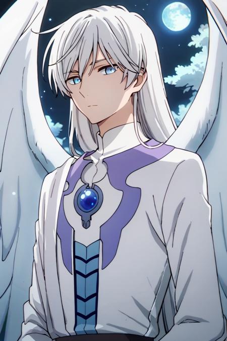 yukito tsukishiro,grey hair,brown eyes,glasses, yue,white hair,blue eyes, long hair,