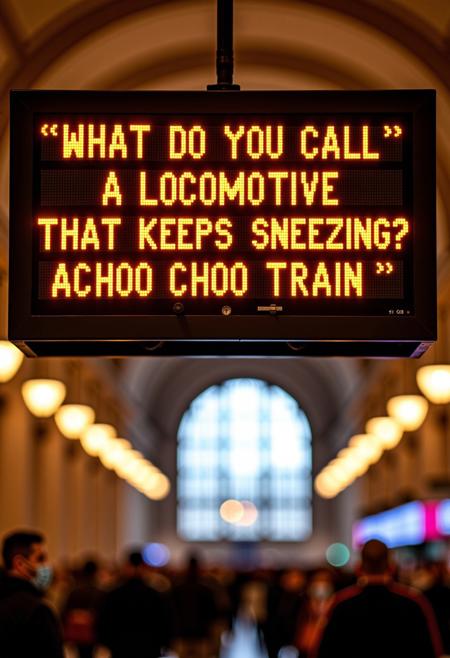 An old-fashioned Boston Massachusetts Rail matrix display board is mounted above a pristine cathedral-like train terminal. Sounth Station is crowded with people in a hurry to go nowhere.
On the board, three lines of text glow in bright amber dot-matrix lettering,
("WHAT DO YOU CALL" )
("A LOCOMOTIVE THAT KEEPS SNEEZING?")
("ACHOO CHOO TRAIN")