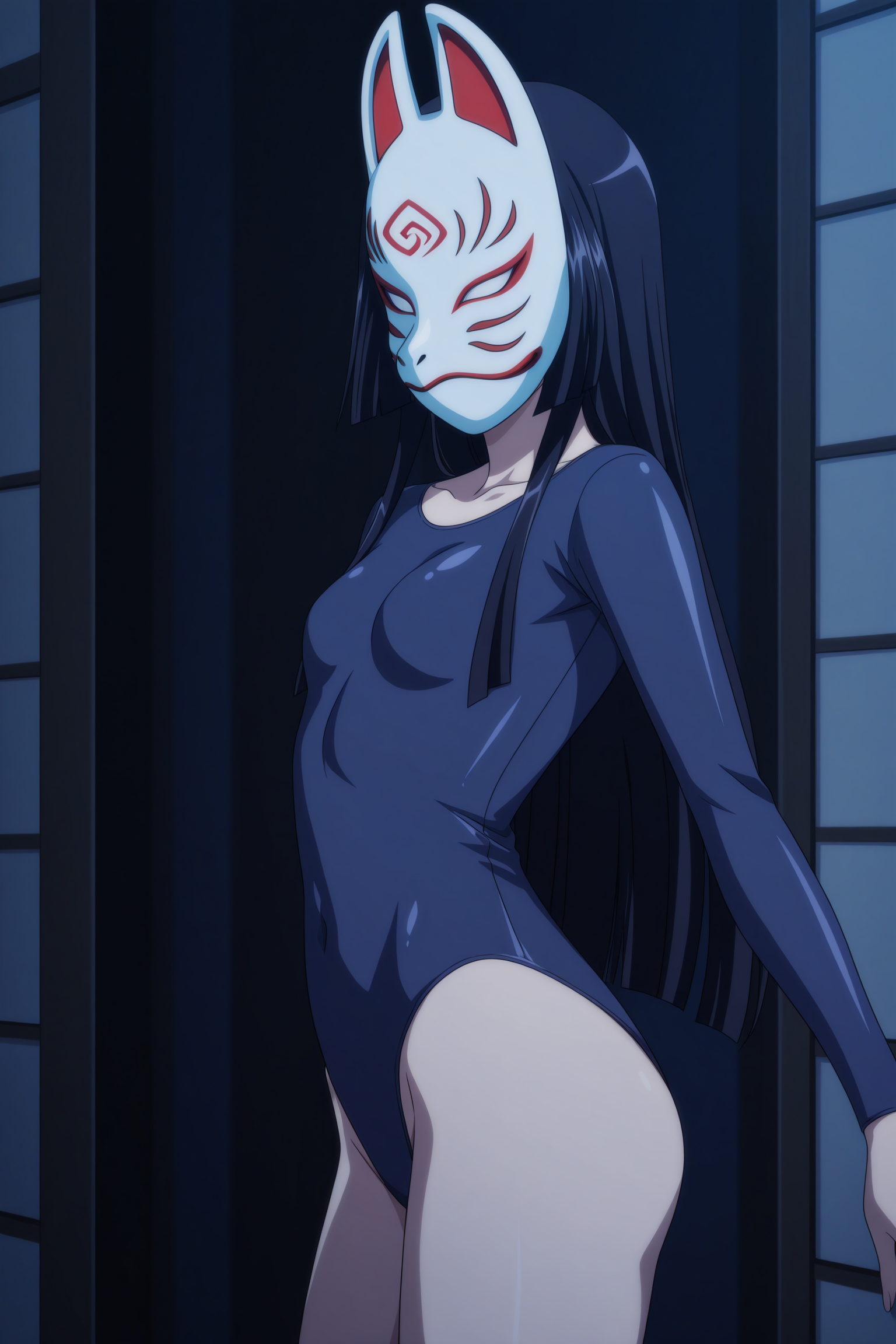 A young woman with her face obscured by a mask and who has long, straight black hair standing in inside a room. She is wearing a dark blue, long-sleeved leotard and a white Japanese kitsune (fox) mask with red painted details. The background consists of dark room with traditional Japanese-style shoji screen doors.