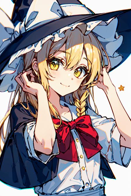 <lora:TrNyteal:0.8>1girl, solo, kirisame marisa, hat, witch hat, blonde hair, braid, bow, long hair, star (symbol), white bow, looking at viewer, red bow, hair between eyes, yellow eyes, smile, hat bow, upper body, hair bow, black headwear, shirt, closed mouth, bangs, white shirt, bowtie, single braid, red bowtie, ribbon, short sleeves, simple background, hand in own hair