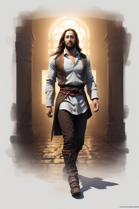 Rustic Sketchbook Style, Sketch Book, Hand Drawn, Dark, Gritty, Realistic Sketch, , Mix of Bold Dark Lines and Loose Lines, Bold Lines, a ((Asmongold as a Jesus Christ)), ((white shirt)), ((Noble Range antica)), ((Ligth  Eyes)), ((asmongold)), ((33 Years Old)), Natural Light, Dynamic, Highly Detailed, , Watercolor Paper, Artstation, Concept Art, Smooth and Crisp, Sharp Focus, Illustration, High Shot, Slim Body, ((Range Costumes)), ((Long Hair)), ((Dark red and Brown)), ((Brown long Hair)), ((Full Body)), ), Clear Theme, Perfect Composition Ratio, Masterpiece, Best Quality, 4K, Sharp Focus. Better Hand, Perfect Anatomy.  global light, ray tracing, chiaroscuro, (extra high quality:1.5) concept art, soft natural volumetric cinematic perfect light