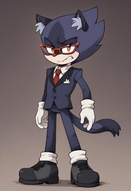 duothecat, blue fur, cat ears, animal nose, animal ear fluff, pointy hair, brown eyes black scarf, grey boxing gloves, grey shoes black sclera, white pupils, white eyes  sonic (series)