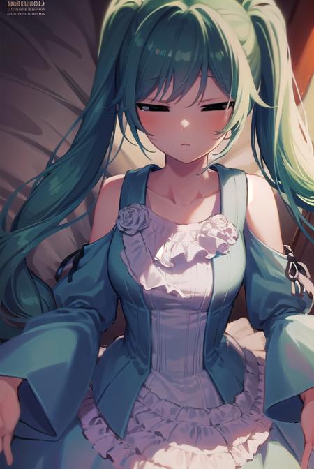 margaritablankenheim, <lora:margaritablankenheim-lora-nochekaiser:1>,
margarita blankenheim, aqua eyes, aqua hair, long hair, twintails, <lora:hotarueye_comic2_v100:1>,
BREAK aqua dress, bare shoulders, clothing cutout, collarbone, dress, frilled dress, frills, long dress, shoulder cutout, wide sleeves,
BREAK cowboy shot, looking at viewer,
BREAK indoors, bed,
BREAK <lyco:GoodHands-beta2:1>, (masterpiece:1.2), best quality, high resolution, unity 8k wallpaper, (illustration:0.8), (beautiful detailed eyes:1.6), extremely detailed face, perfect lighting, extremely detailed CG, (perfect hands, perfect anatomy),