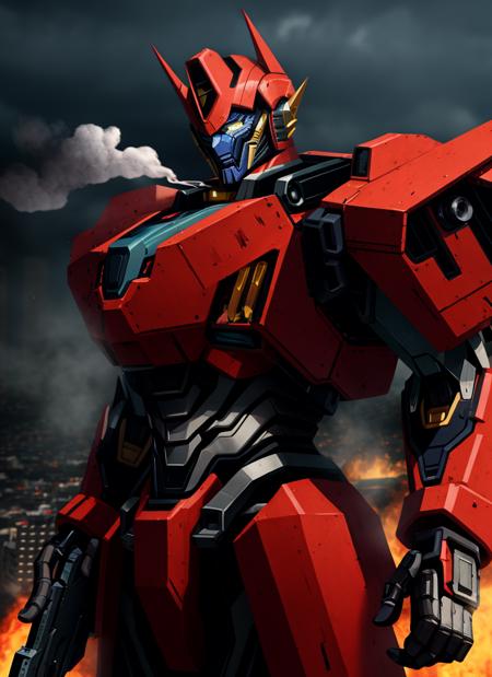 (night scene), upper body portrait of giant opt-6000 with mouthplate standing in battle pose with a gun in his hand, detailed aesthetic mecha design, (blue:0.7) and (red:0.5) (rusty metal), sharp edges and cuts, crisp lines, looking at viewer, highres, superb, very detailed, intricate, unreal engine 5, volumetric lighting, realistic, realistic lighting, cinematic, 4k, cinematic lighting, ruined city background, smoke, stop motion, hyperfocus, tonemapping, sharp focus, hyper detailed, particles and sparkles, dark atmosphere