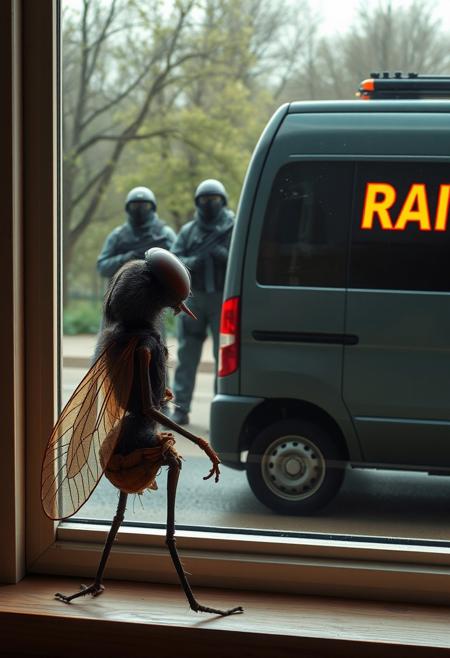 A fly humanoid with insect-like features stands next to the window. The fly has translucent wings, thin arms, and large, compound eyes, wearing a simple, makeshift tunic of scraps. It stares out the window in shock and curiosity. Outside, a heavily armed RAID team assembles, all wearing tactical suits and holding specialized equipment designed for extermination. Their van, parked nearby, has the word 'RAID' boldly printed on the side in bright, intimidating letters. The scene is tense yet surreal, as the fly nervously watches them prepare for action, aware of the imminent danger yet frozen in place.