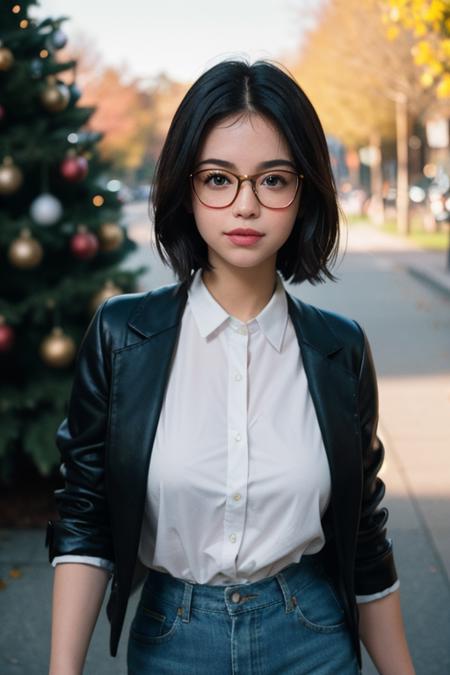 (masterpiece,best quality:1.5) 1girl, black-framed eyewear, black hair, short hair, medium breasts, blurry, blurry background, blurry foreground, bokeh, breasts, christmas tree, closed mouth,  walking at the park, many trees behind her, uhd image, glassy translucence, vibrant illustrations, light ray, dynamic light, studio lighting, flash light, soft lighting, low contrast, bokeh around her (lens blur 35mm f2.8), bokeh from lambs berhind her, Minolta Hi-Matic 7 Sii, Fujifilm Fujicolor 100, film grain,  light leak, mysterious, twilight sky, cloud, eyes detail, beautiful eyes, light in eyes, upper body