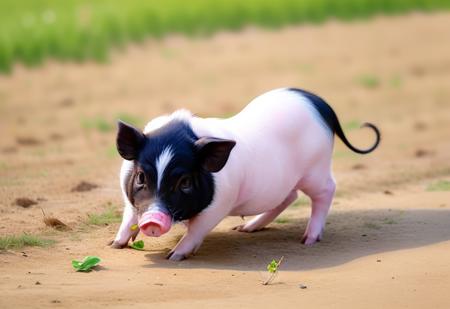 A clever little pig wearing a straw hat,sitting next to a pile of abundant fruits on a spacious farm. It happily enjoys the sunshine,stretches its legs,and munches on the fruits,best quality,<lora:bamaxianghzu:1>,