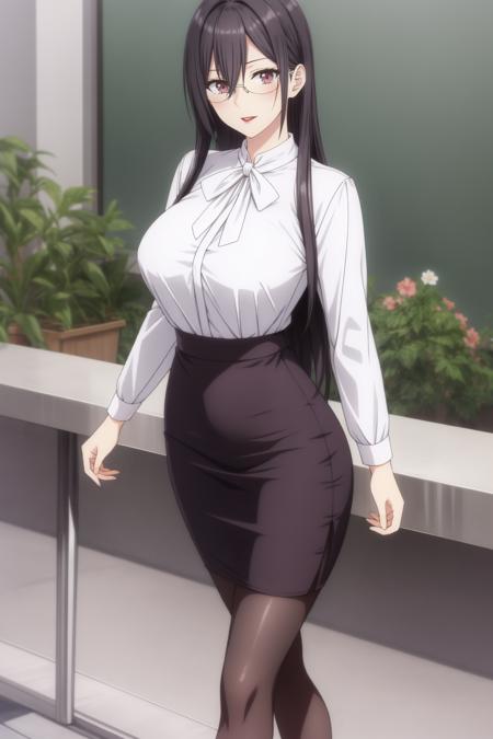 mayuri hanyuu, brown eyes, black hair, long hair, medium breasts, red lips, glasses, white shirt, pencil skirt, black pantyhose, high heels,  