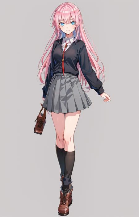 (masterpiece, top quality, best quality, official art, beautiful and aesthetic, picture-perfect:1.4), 1girl, solo, Shikimori, (looking at viewer, full body shot:1), (pink hair, pink colored hair, long hair:1.2), (blue eyes, shining blue eyes:1.3), [smile, closed mouth:1.2], [medium breasts, sexy:1], (Shikimori School, black sweater, white shirt, school uniform, red tie, grey skirt, pleated skirt, black kneehighs, brown footwear:1.4), (simple background:1.4), <lora:add_detail:.5>, <lora:ShikimoriLora:.8>