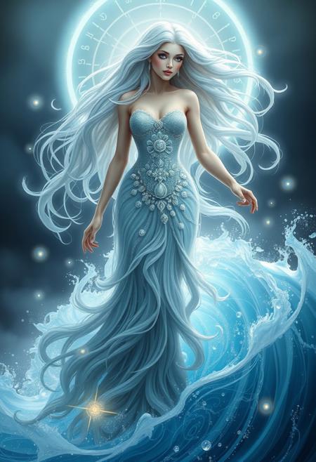A majestic water goddess standing gracefully on a glowing wave, ethereal long flowing hair made of liquid silver, shimmering ocean-blue eyes, wearing an elegant dress made of flowing water and seashells, surrounded by glowing orbs and mist