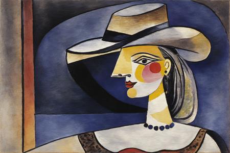 p1c4ss0, a (((water color portriat cubism painting of a lady wearing a hat))), 1936 Marie-ThВrКse Walter au chapeau style