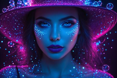 a woman with vibrant, glowing bioluminescent patterns and sparkling particles on her face, primarily in electric pink, blue, and purple hues. She has striking light eyes and slightly parted, dark lips. She wears a wide-brimmed hat, also outlined with intense neon glow, creating a striking visual. Numerous glowing, translucent bubbles in various sizes and colors (blue, pink, purple) float around her, contributing to a surreal, ethereal, and festive atmosphere. The lighting is dramatic, emphasizing the radiant glow on her skin and features.