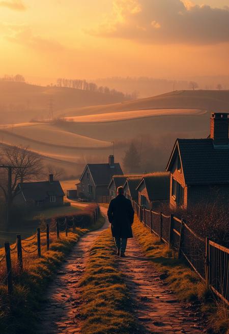 A Dutch countryside bathed in warm golden hues, with rolling hills and quaint cottages—but with a mysterious traveler, adding a surreal element. rich Dutch Golden Age landscapes infused with surreal atmospheric dreamscapes, glowing mist and diffused light blending into structured, grand environments, deep perspective with luminous cinematic highlights, earthy natural tones with moody fantasy elements