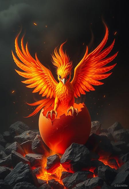 (masterpiece), best quality, expressive eyes, perfect face, vibrant color,
A vibrant, glowing phoenix emerges from a cracked, fiery red egg, surrounded by volcanic rocks. The phoenix's wings are outstretched, displaying radiant orange and red feathers, while sparks and embers rise around it, creating a dramatic and mystical atmosphere against a dark background.