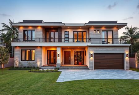 exterior of a modern indian house, decor, wide view, with a garage and lawn