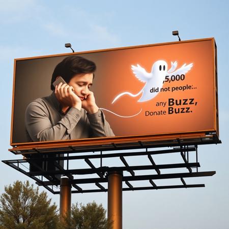 PSA Billboard: Advertisement Billboard of depressed guy on phone, with Ghost Buzz Lightning Symbol with wings flying from the phone, text "Every year more than 5,000 people did not receive any Buzz. Please Donate Buzz". The Logo Buzz Symbol with the text "Buzz Foundation" with the text "A message from:" on top of the logo, billboard from the United States