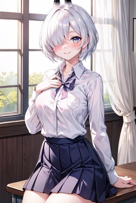 <lora:add_detail:0.5>,masterpiece,best quality,highres,indoors,looking at viewer,<lora:Bethel-05:0.8>,asbethel,white hair,short hair,(hair over one eye:1.2),horns,blush,light smile,school uniform,pleated skirt,hand on own chest,