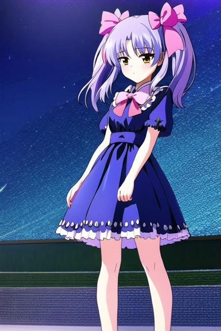 masterpiece, best quality, ultra-detailed, stage, <lyco:hoshino_ruri_v4:0.7>,hoshino ruri, 1girl, solo, holding, long hair, twintails, standing, hair bow, blue dress, pink bow,