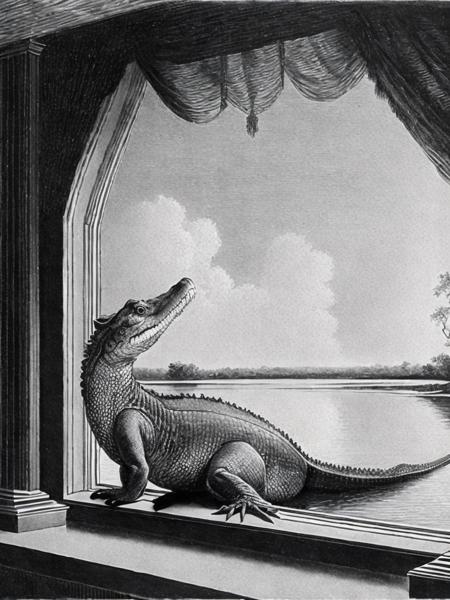 <lora:GustaveDor:1>a black and white drawing of a large alligator looking out a window at a body of water by Gustave Dor