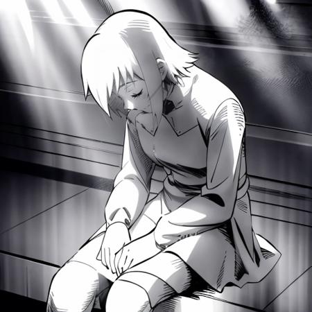 It's_burned_out,it's_completely_white,pose,greyscale,monochrome, sitting,closed eyes,looking down,comic,silent comic, sunlight,light rays,