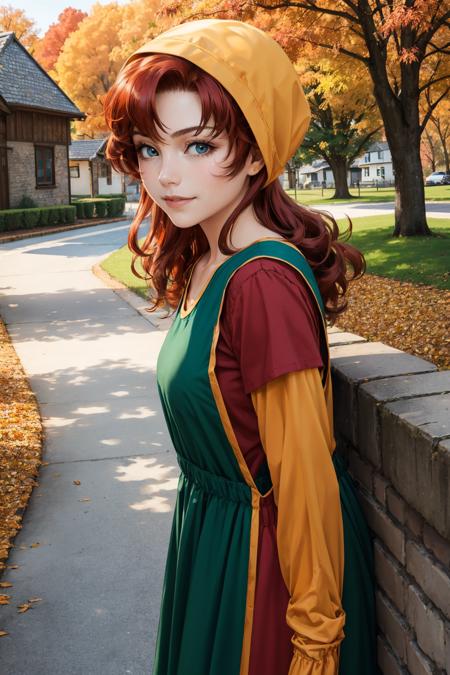 maribel, red hair hood, long green dress, long sleeves  short sleeves