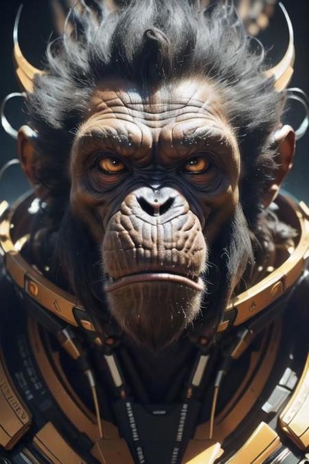 masterpiece, ultra high resolution, (best quality:1.7), 3/4 view, (close-up:1.5), a massive high-tech chimpanzee with dreadlocks, volumetric lighting, breathtaking futuristic spaceship background, (mass mucles:1.5), futuristic, (spacial:1.5), cosmic,, furious, alien, celestial,