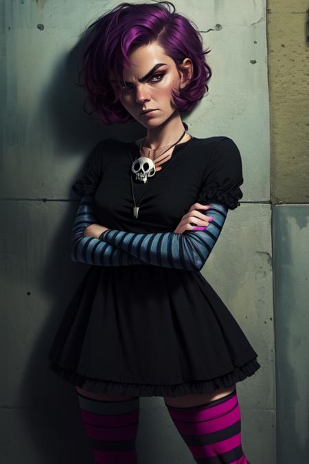 Gaz, short pin  hair,  standing,  sharp hair,   pointy hair,  looking at viewer,  crossed arms,  bored, 
GAgoth, black dress, skull necklace, striped thighhighs,striped sleeves,
wall,
(insanely detailed, beautiful detailed face, masterpiece, best quality)    <lora:Gaz:1.1>