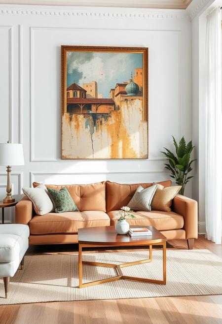 a white living room, painting on the wall, a brown couch, coffee table, intricate detail, winning, sharp focus, original, flux-style