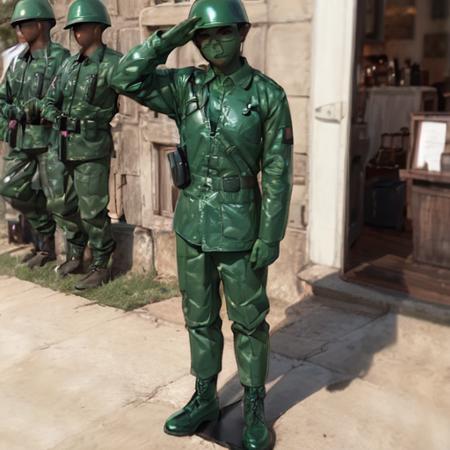 <lora:Plastic Green Army Toy Soldier Costume:0.8>, 1boy, solo, (beautiful boy face:1.1), (crying eyes:1.3), (tear:1.2), Dark brown hair, short_hair, (Dark brown eyes), (glasses), Plastic Green Army Toy Soldier Costume, standing, salute, saluting, full body, from front