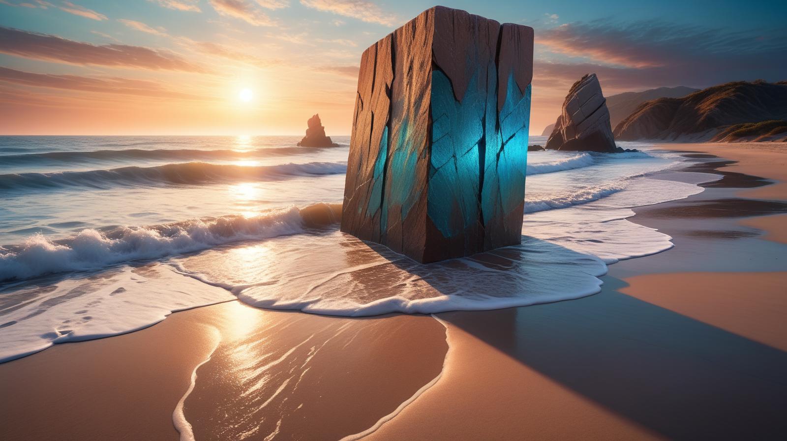 beach, scenery, sunset, vibrant colors, mysterious monolith, cracked surface, reflective surface, waves, ocean, sand, stone, fractures, angelic script, glowing, blue, pristine, surreal, impossible beauty, breathtaking, dramatic shadows, professional, extremely detailed, very intricate, perfect composition, cinematic, light, dynamic, color, epic, stunning, gorgeous