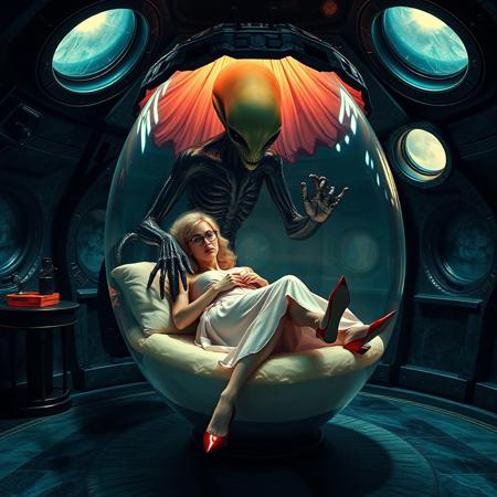 Terrified blonde secretary, clad in a  1950s long delicate silk slip, her glasses askew,  hands tied to headboard,   laying encased in transparent slime filled  jelly egg under lush canopy, reflecting the faint glow of the weird alien lord laboratory. Glossy fluffy  high heels a stark contrast to her distress, as a towering, human-like alien in a glossy black slime baroque  robe looms over her, its long fingers caressing the egg surface.The walls appear to be alive, covered in a pulsing, iridescent slime, while giant observation portholes gaze in like empty eyes, as if the very darkness of space itself is watching this horrific scene unfold. Inspired by the dark, industrial sci-fi of H.R. Giger, the eerie, atmospheric lighting of Zdzisław Beksiński, and the surreal, biomechanical nightmares of Francis Bacon.