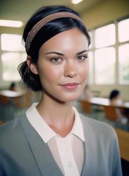 OdetteAnnable, art by Katsuhiro Otomo, photograph, award winning, Impressionist Woman, Nuncio, wearing Twisted Suede Headband, Lapel Pin, Crazy Eyes, at School, Bokeh, film grain, Sony A7, F/1.8, <lora:OdetteAnnableSDXL:1>