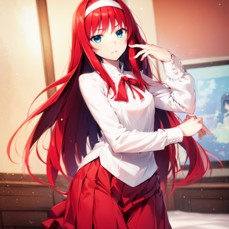 tohno_akiha an artistic picture of a anime style young woman with long flowing hair standing, indoors, bedroom background, 1girl, tohno akiha, solo, long hair, blue eyes, long skirt, hairband, skirt, boots, black hair, red skirt an anime style girl with short hair and dressed in an outfit as the one from the anime, 1girl, tohno akiha, solo, long hair, skirt, school uniform, black hair, blue eyes, hairband, black socks, serafuku, socks, full body, hand on hip, white indoors, pleated skirt, bedroom background, kneehighs a cartoon image of a woman in red hair wearing a blouse and skirt, tohno akiha, 1girl, solo, long hair, skirt, red skirt, red hair, hairband, white hairband, blue eyes, shirt, looking at viewer, white shirt, indoors, bedroom background,