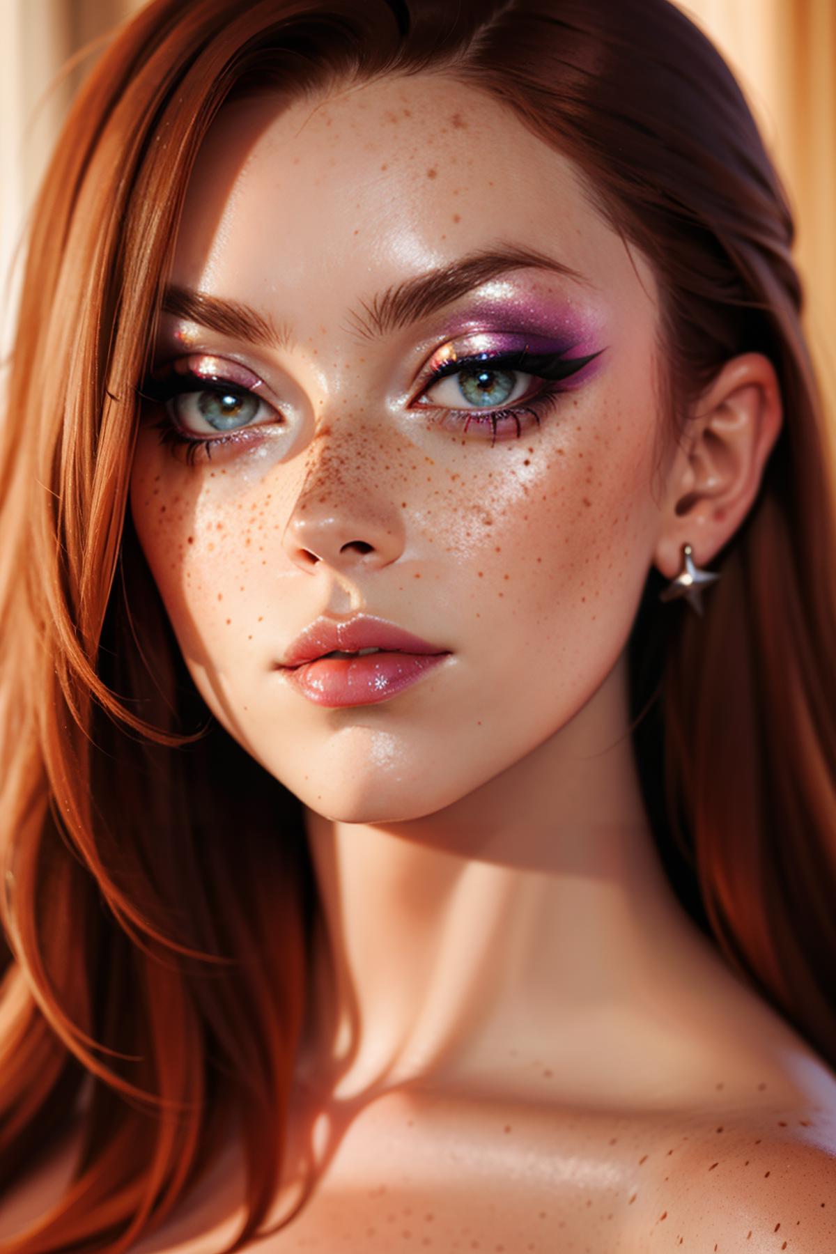 A digital painting of a woman with freckles, long hair, and blue eyes wearing heavy eye makeup and earrings.