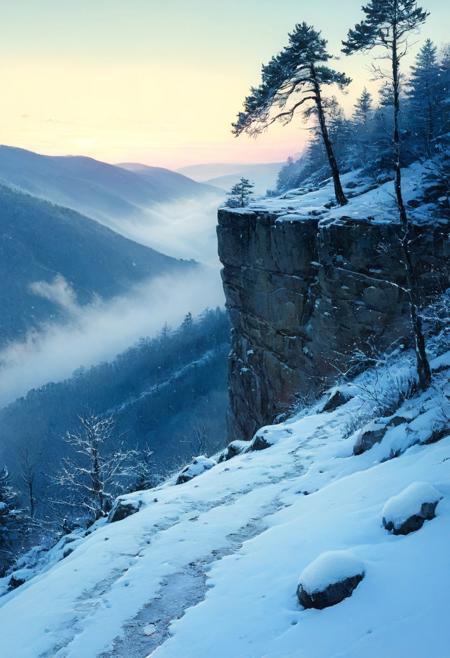Art by Ismail Inceoglu. A digital illustration shoot from a serene winter scene in the Blue Ridge Mountains of North Carolina, viewed from a quiet mountain overlook. The rolling ridges are blanketed in fresh snow, their curves softened and glowing under a pale winter sun. Frost-laced evergreens dot the landscape, their deep green branches heavy with powdery snow. The valleys below are shrouded in low-lying mist and drifting flurries, while icy streams glint like silver threads through the woods. In the foreground, a snow-covered rock ledge with traces of animal tracks overlooks the scene. The sky is a soft, cold gradient from pale silver-blue to lavender, with delicate snowflakes still falling gently through the crisp, silent air. The atmosphere is tranquil, hushed, and dreamlike—capturing the peaceful solitude of winter in the Appalachian highlands.