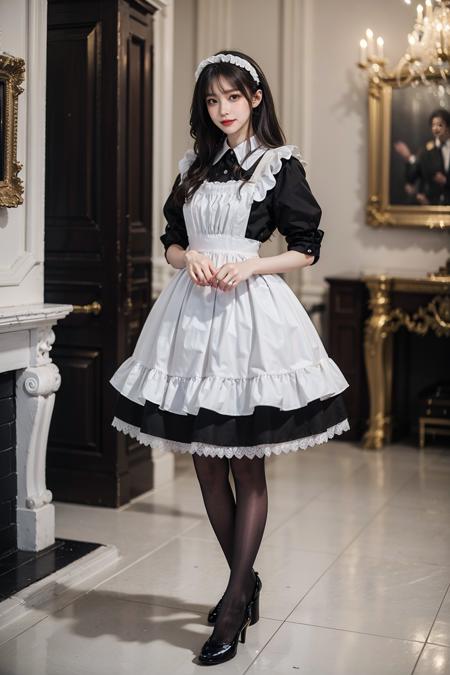 maid attire, black pantyhose, high heels
