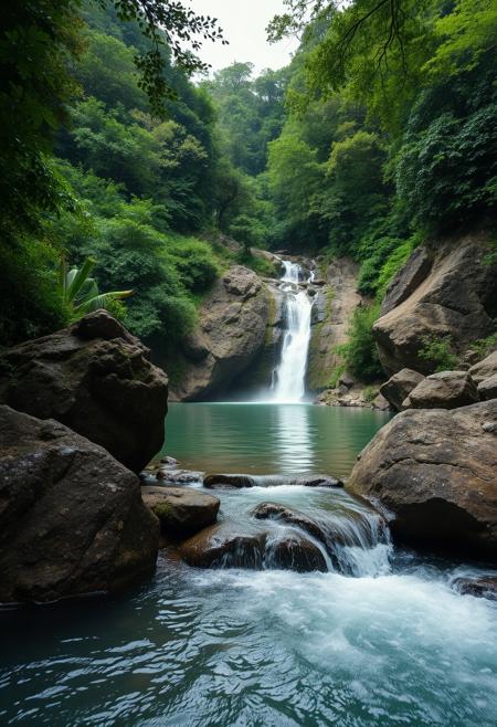 webm, a lake in a jungle, with big rocks and a waterfall, water moving,