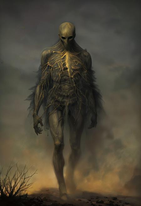 And there amidst the fog, A solemn man rises, Its pinnacle touching the grey sky, webs around his nervous system, Silent spruces guarding the shores, There wait's a grinning prize, Worthy of legend there wait's a golden wolf, A beast with six legs, There wait's a grinning prize, And yet I search on and yet I wait, To find your shadow amidst the darkest night, dark, tarnished, gold,