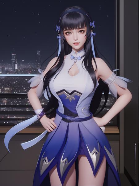 <lora:WZRYxishiYP:0.75>,WZRYxishiYP, 1girl, solo, long hair, black hair, looking at viewer,dress, hair ornament,bangs, bare shoulders,elbow pads,ribbon,hairband,cityscape, night,mature female, light smile, hand on hip, belt,window,