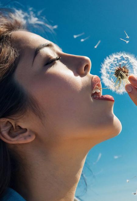 Close-up macro photography captures a woman as she gently blows an abundance of dandelion seeds, 
each one pirouetting through the air against a backdrop of a clear blue sky, 
infusing the moment with a sense of magical weightlessness, 
cinematic style, 
Polaroid nostalgia, 
soft-focus background, 
high shutter speed to freeze motion, 
natural light, 
vibrant yet delicate color palette, 
creating an ultra-realistic image, 
cinema